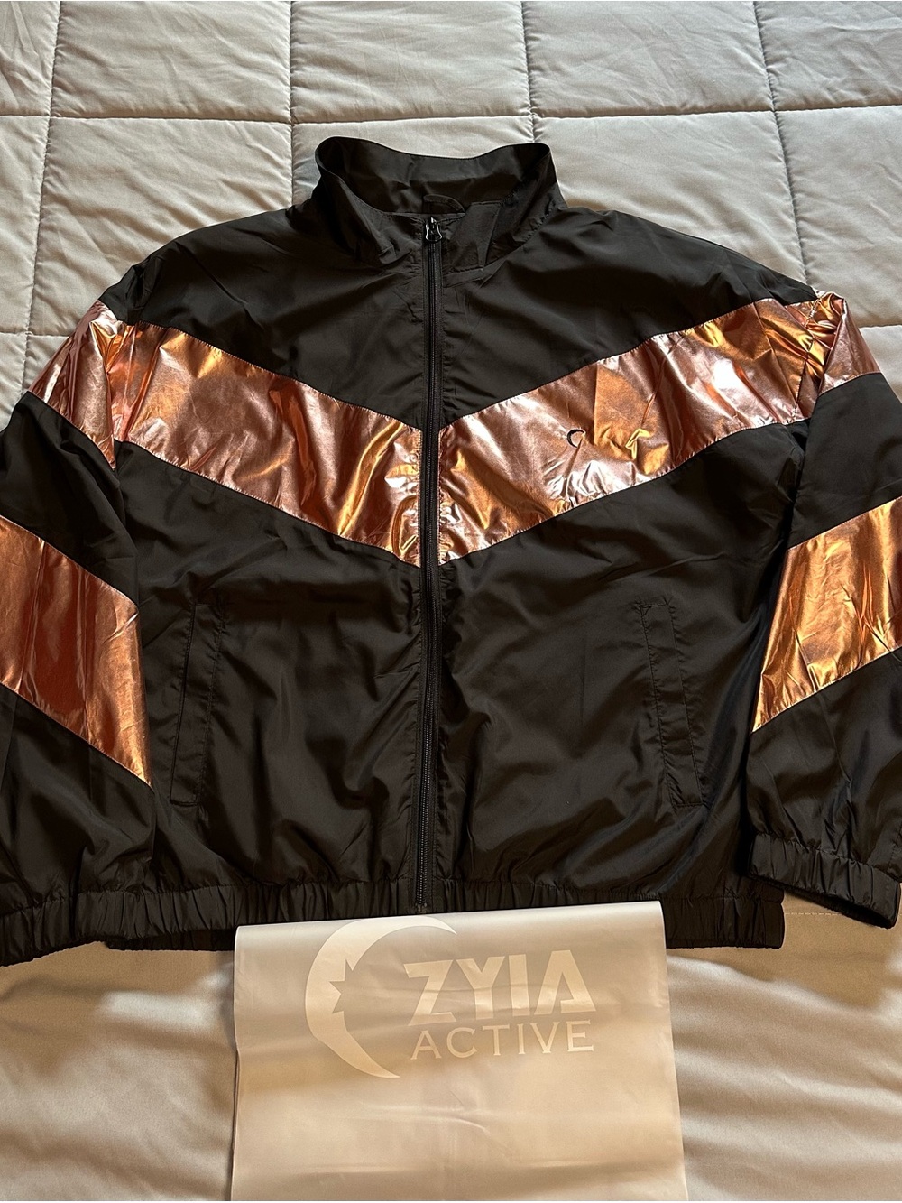 Zyia Black Bomber Jacket with Metallic Rose Accent